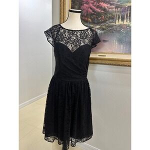 B2 by Jasmine Black Floral Lace Cocktail Dress Cap Sleeve A-Line Size 12